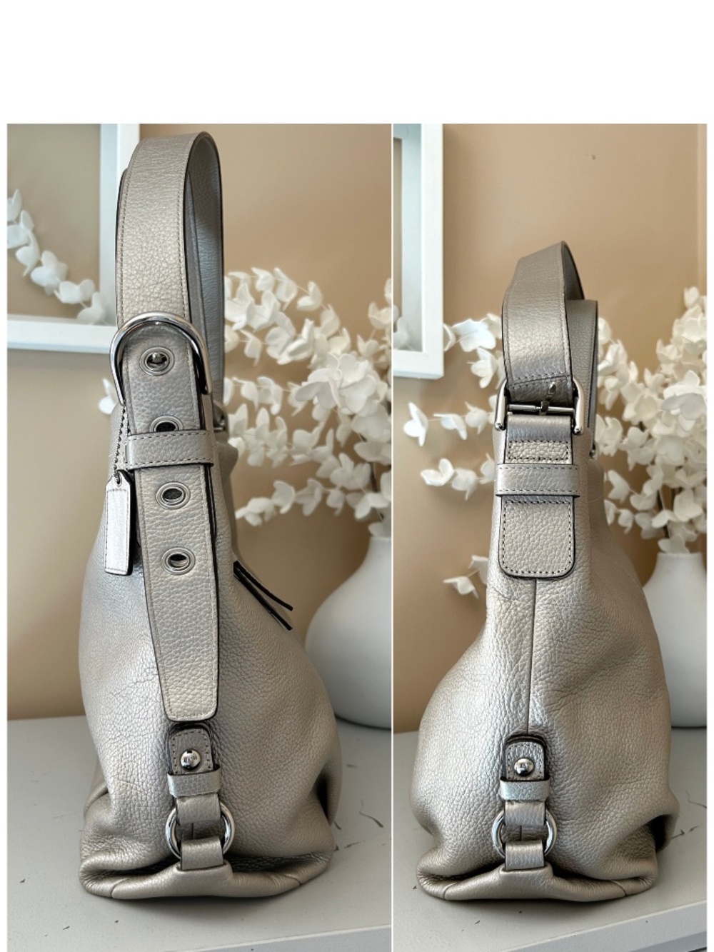 LikeNew Coach Soho Brooke Pebbled Leather Duffle/Hobo Bag #F15064 Metallic Taupe - Picture 4 of 14